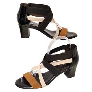 Amalfi by Rangoni Open Toe Strappy Sandals Block Heel Black Cream Tan Womens 8M